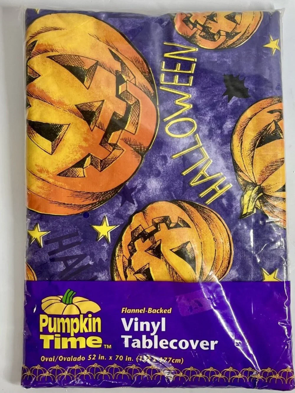 Vintage Vinyl Table Cloth W/ Flannel Back Halloween Jack-o’-lantern Stars NEW